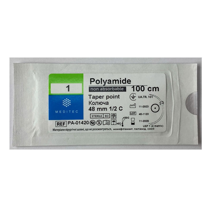 Матеріал шовний хірургічний, що не розсмоктується поліамід, USP 1, монофіламентний, синій, довжиною 100 см, Meditec®